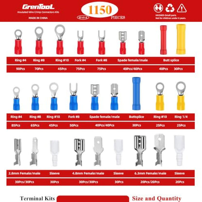 1150Pcs Wire Connectors Kit, Insulated Electrical Terminals with Crimping Tool, Ring Butt Spade Fork Terminal Connectors Assortment for Automotive Wiring Home Electrical Repairs