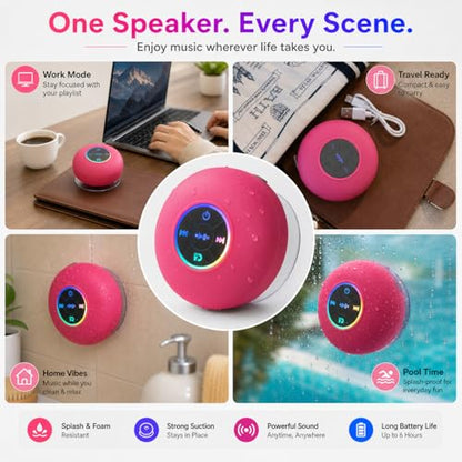 Bluetooth Shower Speaker with LED – Portable Wireless Mini Speaker with Mic & Suction Cup, IPX4 Water Resistant for Shower, Travel, Pool, River Floating, and Outdoor Fun (Plum) - color: Plum