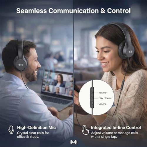 Wired Over-Ear Headphones, Mic, 3.5mm Jack, USB-C Adapter, Black | Foldable over-ear headphones with soft cushions, inline mic, 3.5mm jack, and USB-C adapter for school, office, and travel. - color: Black