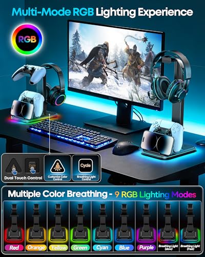 Gaming Headset & Controller Stand, Rotating Headphone Storage with 2 Controllers & Phone Holder, 9 RGB Modes Game Desk Storage for PS5/PS4/XBOX PC Gamer Essentials Organizer Gift Accessories - size: M-Black-RGB