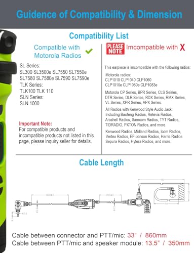 commountain Earpiece for Motorola Radios SL300 SL3500e TLK 100 | Acoustic Tube Surveillance Headset, Noise Reducing PTT Mic, Clear Audio, Reinforced Cable