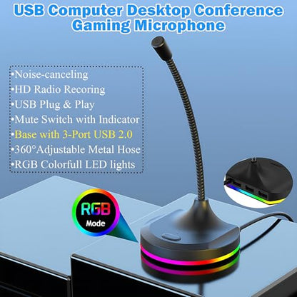 USB Computer Microphone with Mute Button and RGB Lighting,Plug&Play Mic for Conference,Gaming,YouTube,Desktop PC Mic for Mac/Window-Black-M8(3-Port Hub)