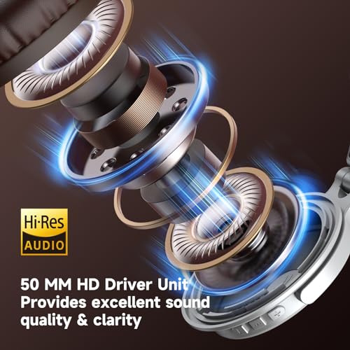 OneOdio Pro C Wired & Wireless Over-Ear Headphones, 110H, 50mm Drivers | Wired 3.5mm and wireless Bluetooth modes with 110H playtime, 50mm drivers and HD mic for PC, podcast and studio work - color: Silver