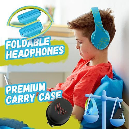 PowerLocus Kids Headphones Over-Ear, Bluetooth Wireless Headphones for Kids,with Microphone, Safe 85DB Volume Limited, Foldable with Carry Case, Audio Cable, Micro SD mode for Online Classes,PC,Phones - color: Blue/Green