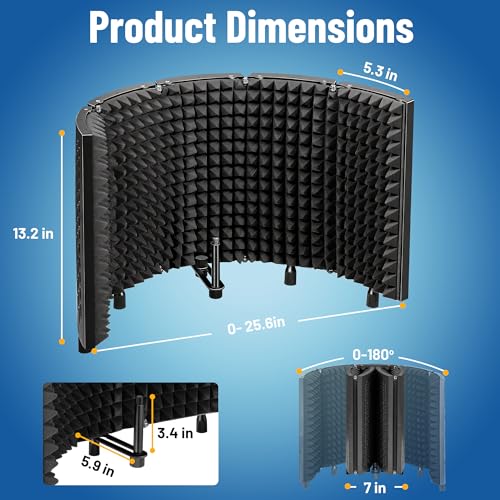 CAHAYA Microphone Isolation Shield Foldable - Mic Shield for Clear Recording Sound Absorbing Foam Reflector with 3/8" and 5/8" Mic Adapter Recording Equipment, Podcasting, Streaming, Home Studio Black