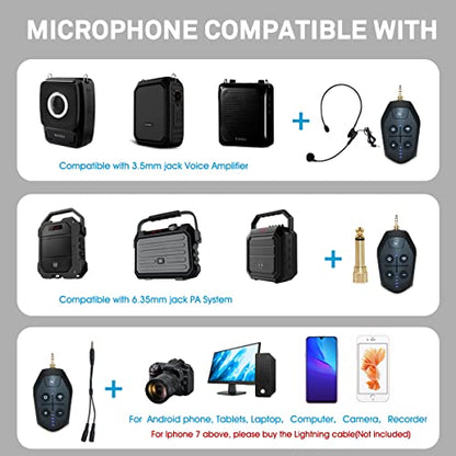 Lavalier Microphone Wireless&Wired Lapel Mic Set for Voice Amplifier Pa System Pa Speaker Video DSLR Camera Recording ect Mini Portable Clip On Rechargeable Transmitter with Receiver