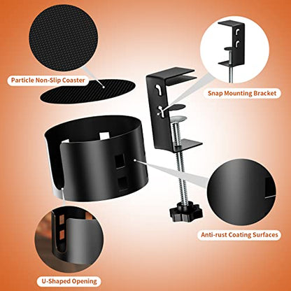 Upgraded Large Desk Cup Holder Clamp, OOKUU Anti-Spill Table Cup Holder, Metal Office & PC Gaming Desk Accessories, Compatible with Universal Cup, Bottles, Pencil Holder (Black) - color: Black, size: 3.95 inch