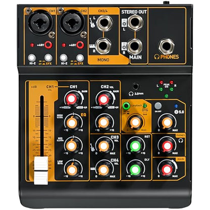 Mini Audio Mixer, Portable Mini4 DJ Board Mixer with USB Bluetooth, 4 Channel Sound Mixing Board for Wedding Party Podcast Live Performance Event