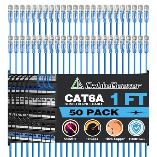 CableGeeker Cat 6A Slim Ethernet Patch Cables, 1 ft, 50-Pack, Blue | 28AWG Pure Copper, 10Gbps/550MHz, Snagless Gold-Plated RJ45, Ultra-Thin Flexible Design for Switches, Patch Panels, and Racks - color: Blue-Slim, size: 1ft, style: 50 Pack