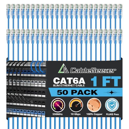 CableGeeker Cat 6A Slim Ethernet Patch Cables, 1 ft, 50-Pack, Blue | 28AWG Pure Copper, 10Gbps/550MHz, Snagless Gold-Plated RJ45, Ultra-Thin Flexible Design for Switches, Patch Panels, and Racks - color: Blue-Slim, size: 1ft, style: 50 Pack