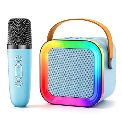 Mini Kids Karaoke Machine Ages 3-12, Wireless Microphones Bluetooth Speaker | LED Party Lights, Voice Changer, Duets, BT 5.3, Rechargeable Portable, Birthday Christmas Toys & Gifts for Boys & Girls - color: Blue - 1 Mic
