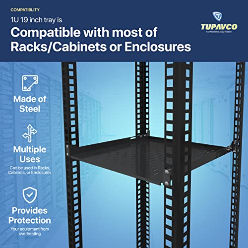 1U Server Rack Shelf - 4 Post Mount Tray (450mm Depth) - Tupavco TP1711 | 17.7" deep rackmount tray for 19in standard rack / network cabinet, vented for maximum airflow