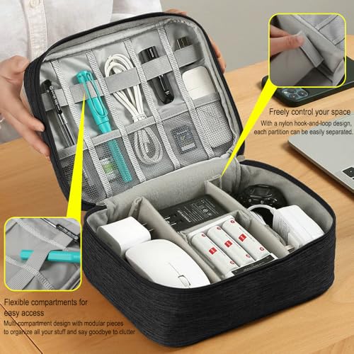 Travel Cable Organizer Pouch Electronic Accessories Carry Case Portable Waterproof Double Layers Storage Bag for Cord, Charger, Phone, Earphone,Black