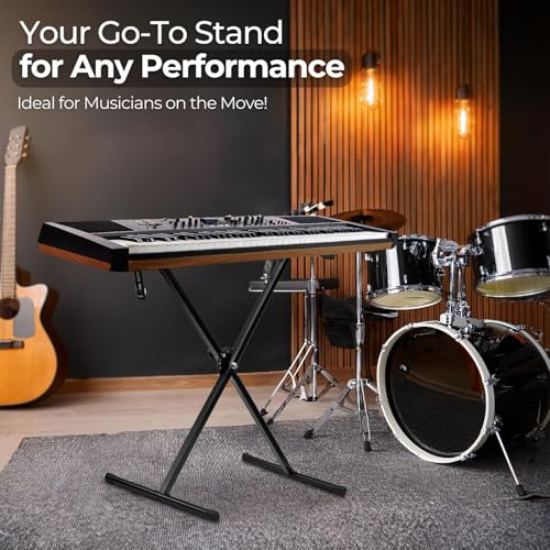 Flexzion Classic Keyboard Stand Musician Electronic Piano Organ Single Tube X Type 7 Position Folding Adjustable Height Metal Braced Rack Portable with Locking Straps