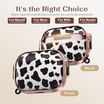 for AirPods Pro 3rd Case with Safety Lock,Magsafe Compatible,Cow Print | Double Secure Lock,Drop Protection,Two-Piece Design,with Gold Keychain, Anti Lost, Dustproof, Cute AirPods Pro 3 Case - color: Cow + Gold, size: Airpods Pro 3 Case
