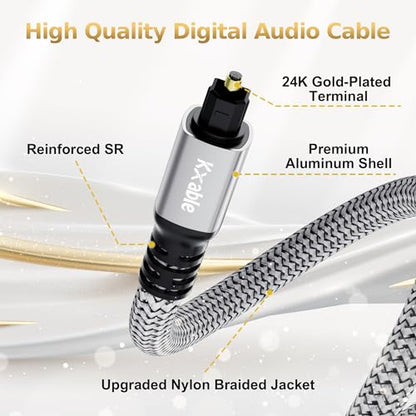 Kxable Optical Audio Cable 10 FT, Digital Audio Cable, Toslink Fiber Optic Cord, [Nylon Braided, Slim Aluminum Shell, Gold Plated Connector], for Home Theater, Sound Bar, PS4, Xbox, TV and More - size: 10FT, style: Nylon Braided Jacket