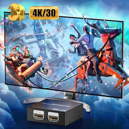 HDMI Splitter 1 in 2 Out 4K, 1x2 Powered HDMI Multi-Port Adapter for Dual Monitor, Support 4K UltraHD 3D HDR, Duplicate/Mirror Screens, Ideal for Xbox Ps5 Ps4 Ps3 Fire Stick Blu-Ray Player HDTV - size: 4K@30 1x2