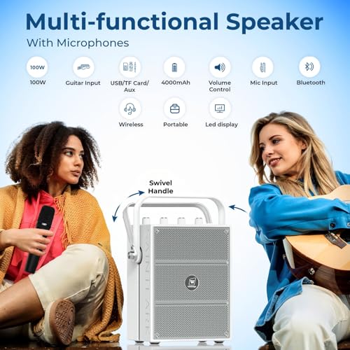100W Bluetooth Speaker with 2 Wireless Microphones S99 | Powerful Voice Amplifier, Portable Karaoke Machine for Adults, PA System for Home Entertainment, Party, Teaching & Events - color: White
