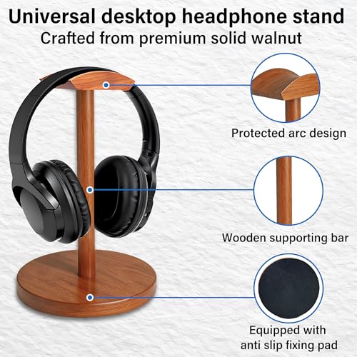 Solid Walnut Wood Headphone Stand with Storage Base | Universal Wooden Headset Holder for Gaming & Office,Compatible with Bose,Sony,Sennheiser,Razer,Beats,PS5