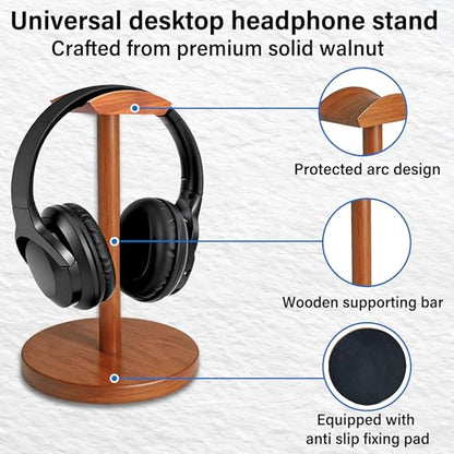 Solid Walnut Wood Headphone Stand with Storage Base | Universal Wooden Headset Holder for Gaming & Office,Compatible with Bose,Sony,Sennheiser,Razer,Beats,PS5