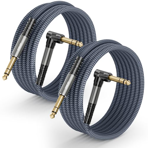 1/4 Inch TRS Instrument Cable 15FT 2-Pack, Right Angle to Straight 6.35mm TRS Male to Male Balanced Stereo Audio Cable for Electric Guitar, Bass, Keyboard, Mixer, Amplifier, Speaker - size: 4.5 M/15 FT