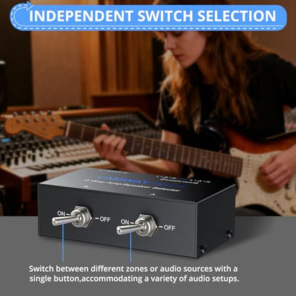 CAMWAY 2-Zone Speaker Selector Switch - 1 Amplifier to 2 Speaker Pairs,Independent On/Off Control, 150W RMS, Passive Audio Splitter for 4-16Ω Speakers, Home Theater, Patio & Multi-Room Audio - size: 4.7x3x1.6inch