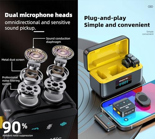 Vyojasharc Wireless Lavalier Microphone with 2 Microphone Heads for iPhone 15-16 Android Phone, 100ft Range Noise Canceling Lav Mic Clip On Microphones for iPad Video Recording Vlogging