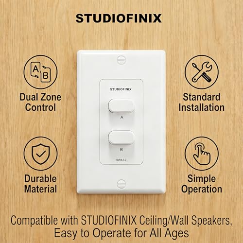 STUDIOFINIX in-Wall 2-Zone A/B Speaker Selector Switch, 120W Peak Power Per Channel Speaker Controller Box, Controls 2 Pairs of Speakers, Fits Standard Single-Gang Wall Box for Home Stereo