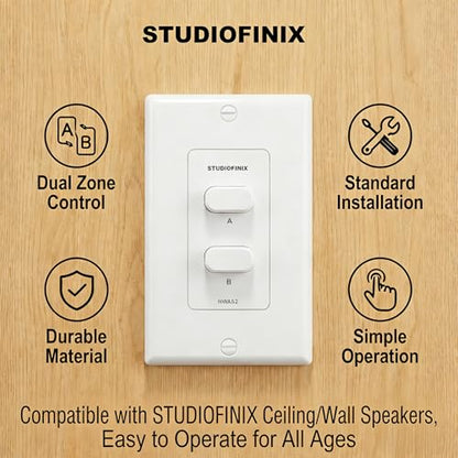 STUDIOFINIX in-Wall 2-Zone A/B Speaker Selector Switch, 120W Peak Power Per Channel Speaker Controller Box, Controls 2 Pairs of Speakers, Fits Standard Single-Gang Wall Box for Home Stereo