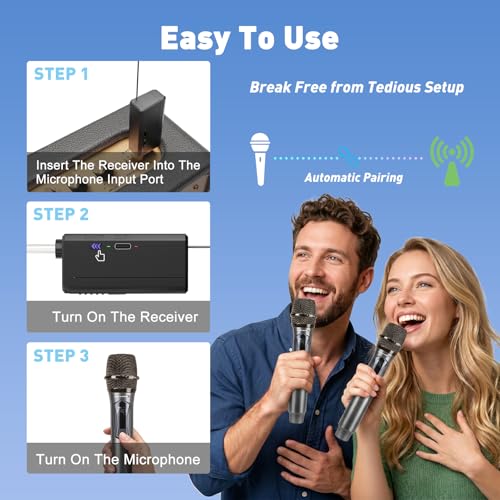 Wireless Handheld Microphones for Singing with 500 FT Reception | 2.4GHz, Rechargeable, Plug and Play, 2 Pack Microphones for Karaoke DJ Party Speech Classroom Wedding Church