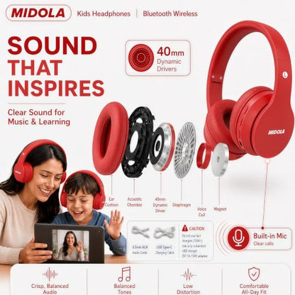 MIDOLA Kids Headphones Bluetooth 5.3 Wireless 60H Play Time Volume Limit 85/110dB Over Ear Foldable Protection Headset/Wired AUX Cord Mic for Children Boy Girl Travel School Phone Pad Tablet Red | Adjustable Headband Foldable Over-Ear Lightweight Headsets