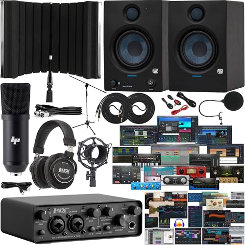 LyxJam 2x2 USB Audio Interface with Asio Driver and Creative Software Bundle with LP Professional Microphone Kit, Headphones, Eris 4.5BT Studio Bluetooth Monitors & Foam Isolation Recording Shield