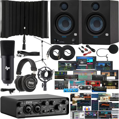 LyxJam 2x2 USB Audio Interface with Asio Driver and Creative Software Bundle with LP Professional Microphone Kit, Headphones, Eris 4.5BT Studio Bluetooth Monitors & Foam Isolation Recording Shield