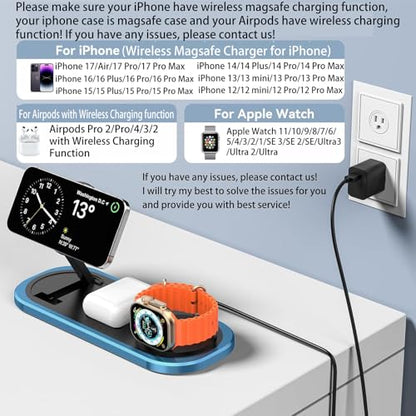 3 in 1 Fast Wireless Charger Stand for iPhone, Foldable Travel Charging Station for Magsafe for iPhone 17/Air/16/15/14/13/12 Series, Apple Watch Series, AirPods pro/2/3/4, 2025 Christ mas Gifts (Blue) - color: Blue