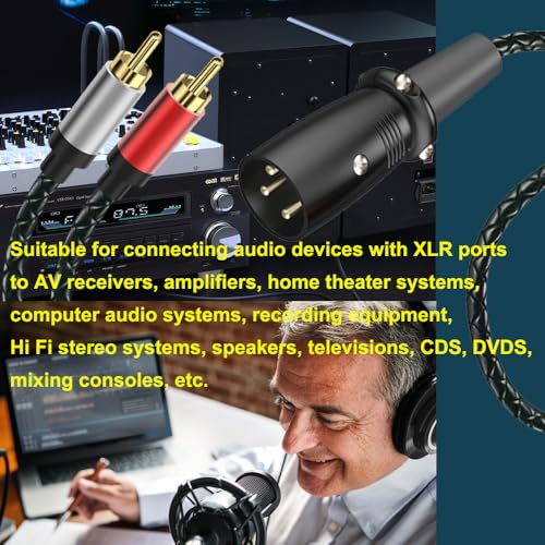 XLR to Dual RCA HiFi Audio Cable 6.5ft, Right Angle XLR 3Pin Male Microphone to 2 Phono RCA Male Plug Adapter Connector Y Splitter Patch Cable - size: 6.5ft