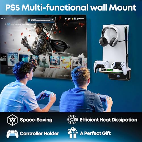 PS5 Wall Mount Kit with Cooling Fan and Charging Station Compatible with PS5/ Slim/Pro Disc and Digital, PS Five Floating Shelf with 9 RGB Lights, PS 5 Mount Behind TV, Sony PSP Cables - color: White And Black