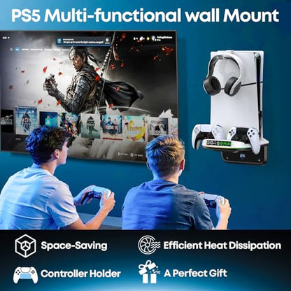 PS5 Wall Mount Kit with Cooling Fan and Charging Station Compatible with PS5/ Slim/Pro Disc and Digital, PS Five Floating Shelf with 9 RGB Lights, PS 5 Mount Behind TV, Sony PSP Cables - color: White And Black