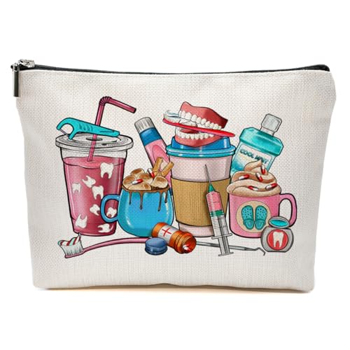 JIUWEIHU Dental Coffee Lover Makeup Bag, Funny Dentist Dental Cosmetic Bags | Travel Organizer Bag Zipper Pouch, Christmas Birthday Gifts for Dental Students Women Friend Colleague Sister - color: Multicolor 0061