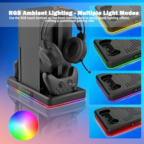 Cooling Fan & Charging Stand for Xbox Series X/S Console & Controller,Vertical Cooler System Dual Charger Station Dock Accessories for Xbox Series S/X with RGB Lights，Independent Headset Stand
