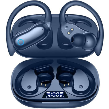 GNMN Ear Buds Wireless Earbuds 80hrs Playback Bluetooth Headphones Over-Ear Earphones with Earhooks Microphone LED Battery Display for Sports/Workout/Gym/Running Black