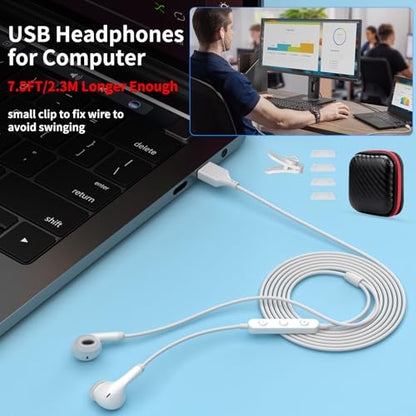 USB Earbuds for PC,Headphones with Microphone for Computer,White - color: White