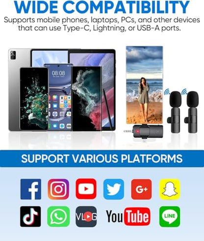 Wireless Lavalier Microphones for iPhone, iPad, Android, Camera, 3 in 1 USB-C Microphone, Mic 7-Hour Battery, Mini Microphone with Noise Reduction for Video Recording, Vlog, YouTube, TikTok