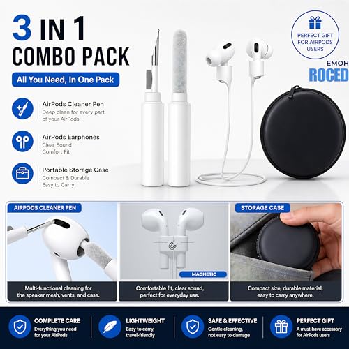 AirPods Accessories Kit 3-in-1 Bundle – Earbud Cleaning Pen, Magnetic Anti-Lost Silicone Strap & Hard Travel Carrying Case for Apple AirPods, Earbuds, Bluetooth Headphones & Wireless Earphones