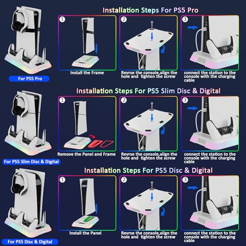 PS5 Stand and Cooling Station with RGB Controller Charging Station for PlayStation 5 Console, PS5/Slim/Pro Controller Charger, PS5 Cooling Stand, PS5/Slim/Pro Accessories Kit with 3 Level Cooler Fan - color: Boom-white