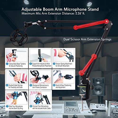 Pyle Microphone Boom Arm Stand - Adjustable Scissor Mic Arm with Desk Clamp, Metal Shock Mount & Adapter Clips - 2.26ft Max Extension for Podcasting, Gaming, & Recording - PMKSH01