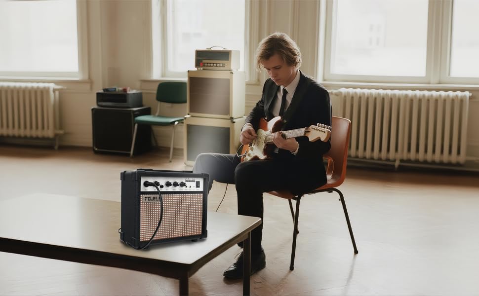 Fojill 20W Watt Electric Guitar Amplifier Amp Practice Small Portable Travel Mini Amp with 3.5 Headphone Jack Aux Distortion Gain Treble Bass Volume (Black, 20W) - color: Black