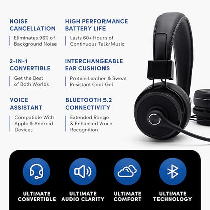 Blue Tiger Elite Ultimate 2-in-1 Bluetooth Headset - Dual & Single Ear | 2-in-1 Mono to Dual Headset with mic, wireless noise cancelling, high-fidelity sound, 60-hour talk time, USB-C, Bluetooth 5.2