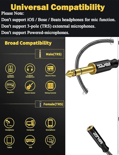 6.35mm (1/4") Female to 3.5mm (1/8") Male Stereo Adapter 11.5Ft | Connect 3.5mm Phone Headphone to 6.35mm Speaker Mixers Guitar Digital Piano Keyboard Amplifier, Braided Cord,24K Gold Plated - size: 11.5 Feet