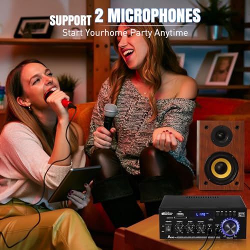 AK45 Pro Stereo Amplifier Home Audio, Stereo Receivers with Bluetooth 5.0,Max 400W, 2.0 Channel Audio Receiver for Home Theater Speakers w/USB/SD/RCA/2 MIC in for Karaok - size: AK45 pro