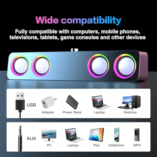 Elimavi Computer Speakers for Desktop PC, 2.0-Channel Speakers with Static LED Lighting and Volume Control, Featuring a 3.5mm Input and USB Powered Plug and Play, Compatible with Monitors, laptops